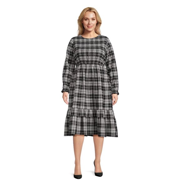 Terra & Sky Dresses & Skirts - Terra & Sky Women's Plus Size 1X, 3X, 4X Tiered Peasant Midi Dress Plaid Black